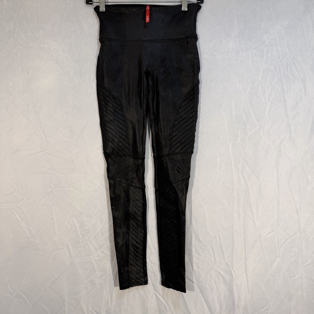SPANX Faux Leather Quilted Moto Stretch Leggings Black Tummy Control Size S/P